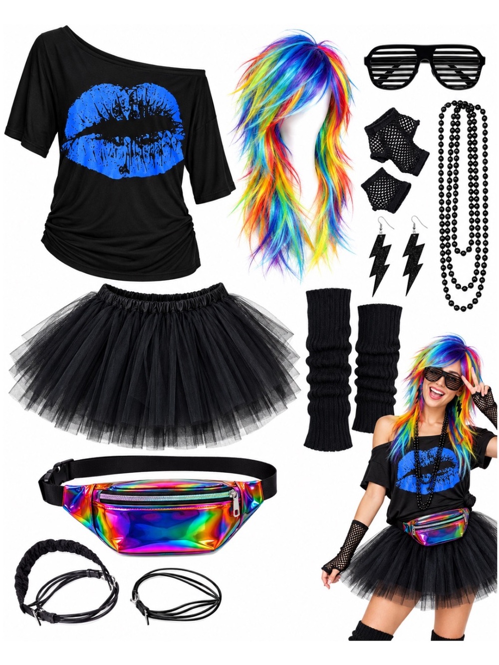 Womens 80s Costume Set Black Tutu Rainbow Wig Fanny Pack Accessories Size XL Top